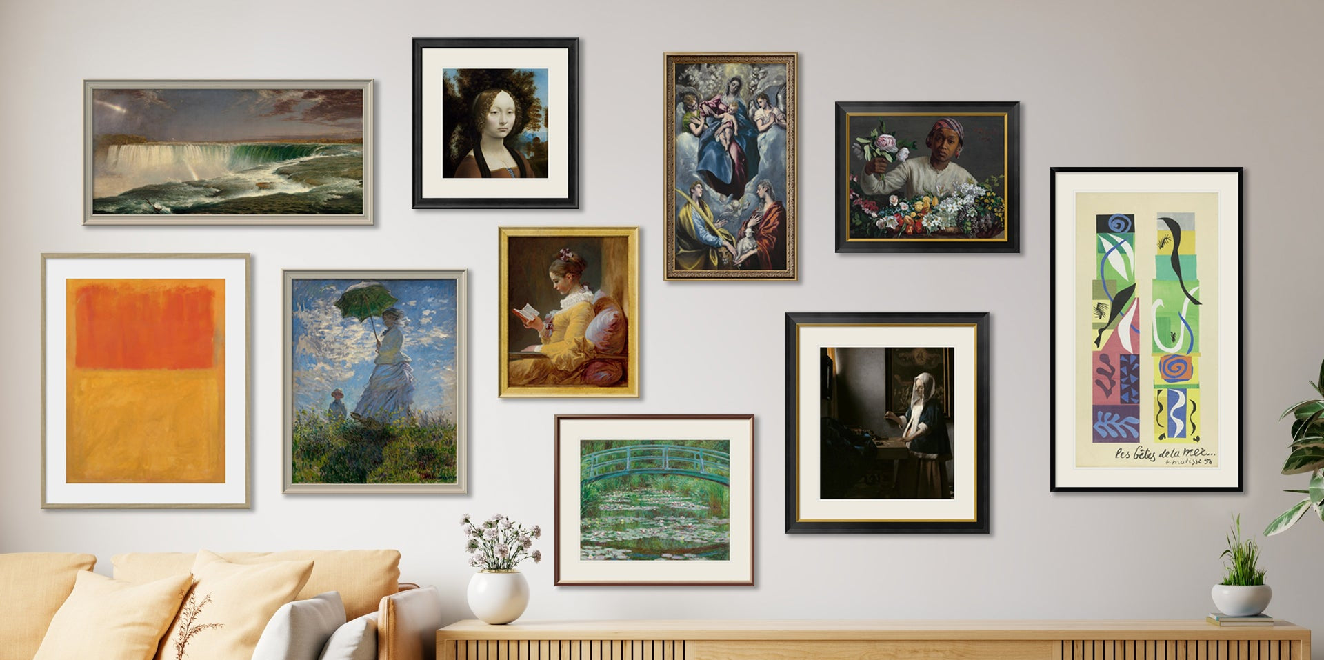 Living room with a wall of framed artworks and a wooden cabinet.